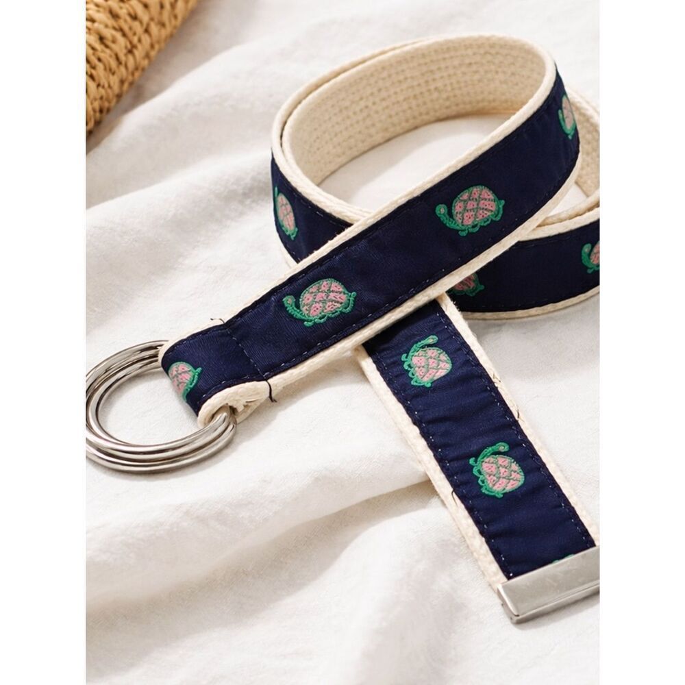 Preppy Navy Turtle D-Ring Belt 🐢 Coastal Vineyard Vines Style Ribbon Belt